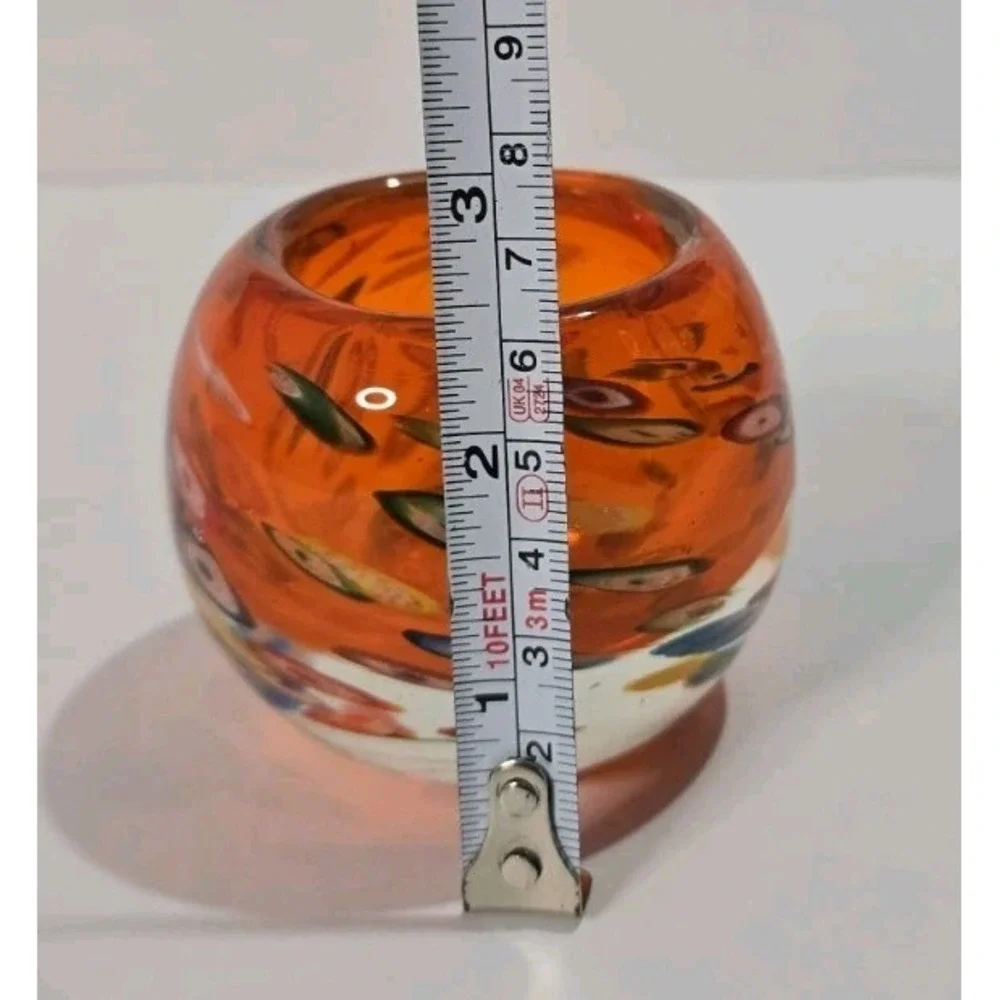 Orange Art Glass Votive Candle Holders Abstract Multicolor Dots
